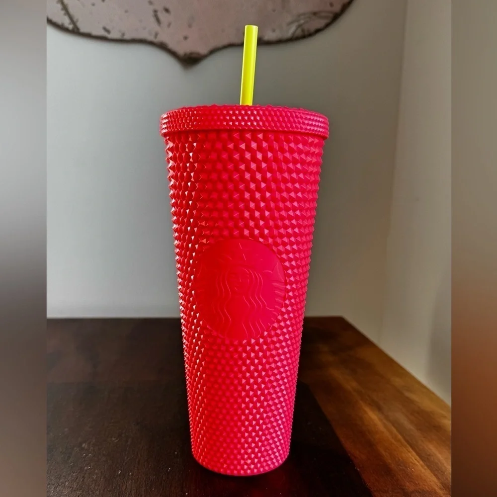 Starbucks studded coral w/neon green straw 24oz Tumbler